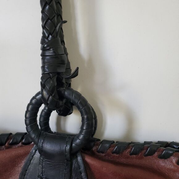 Anthony Luciano Wine Leather Tote Shoulder Bag Charm Penny Woven Trim Straps Lg - Picture 7 of 16